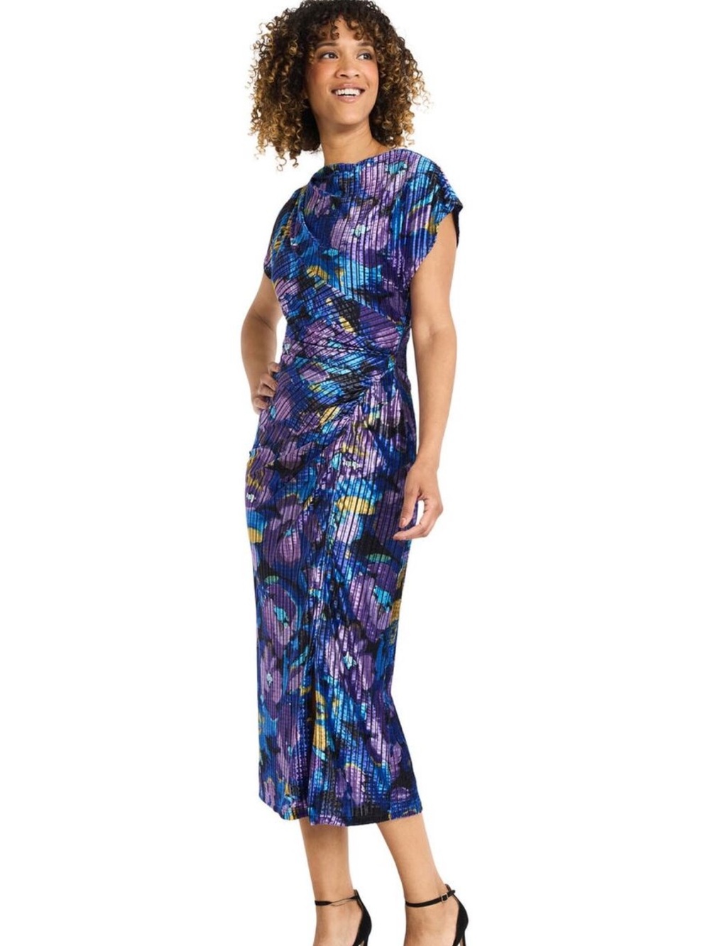Maggy London Midi Dress Floral Velvet Asymmetrical Cocktail Drape Purple Size 14